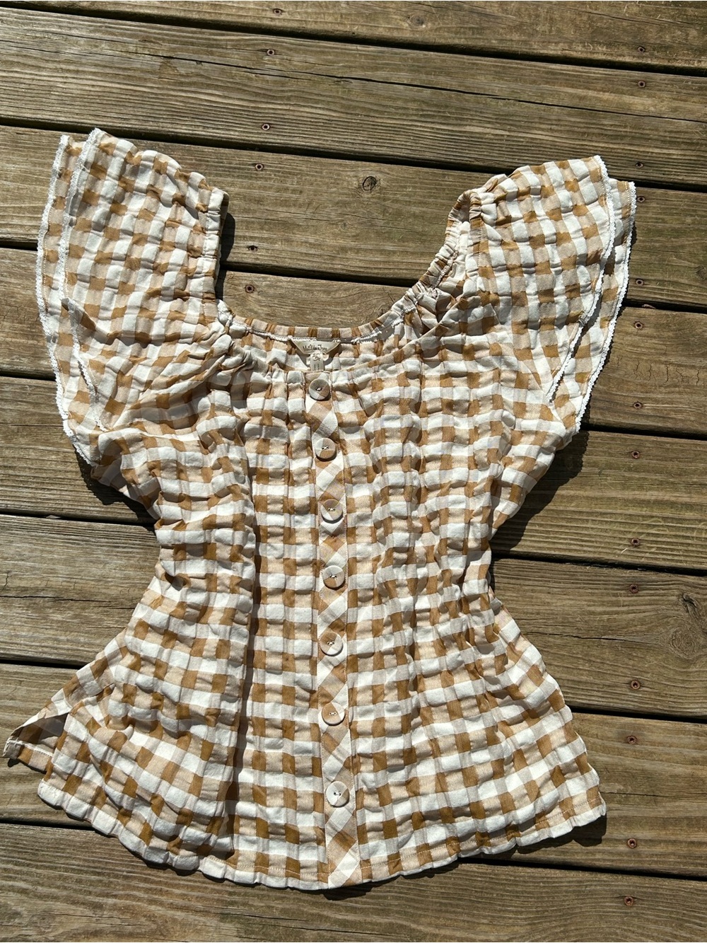 Matilda Jane Tan and White Gingham Button-Front Puff Sleeve Top